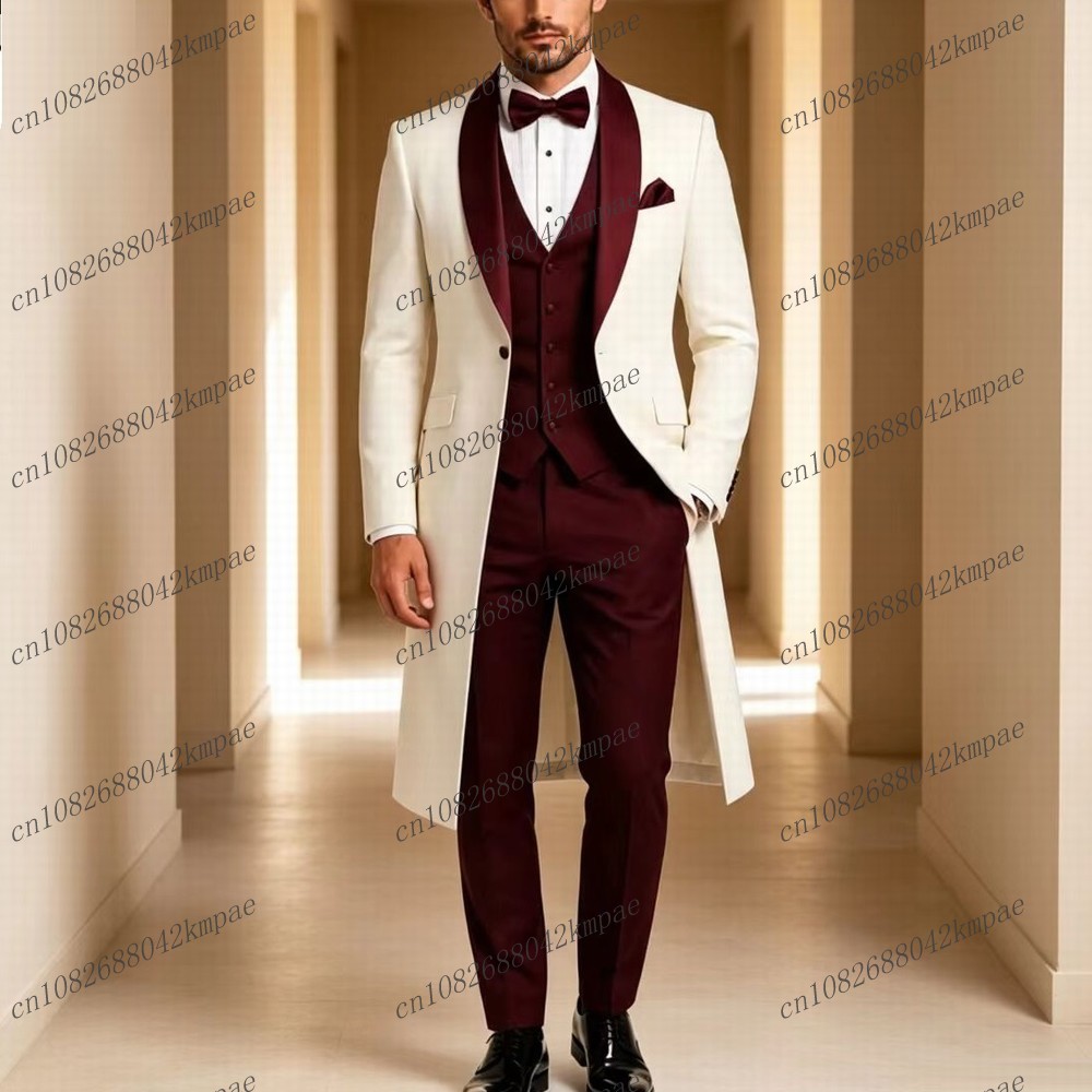 Men'S Grooming Jacket - Biało-burgundowy długi żakiet, formalny męski garnitur,